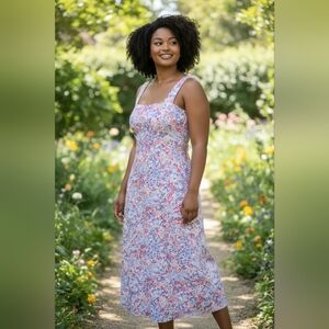 Jude Connally Watercolor Floral Midi Dress in Pink, Blue & Cream